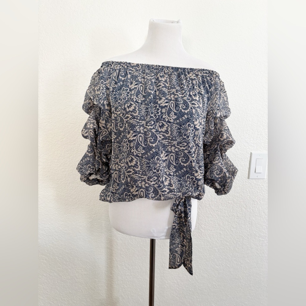 CeCe Off The Shoulder Blouse Medium Paisley Ruffle Tiered Sleeve Tie Hem Blue